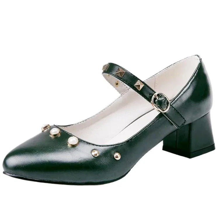 Big Size Shoes Woman Footwear Rivets Studs Large Size Dress PU TPR Med Rome Hoof Heels Rivets Studs Big Size Shoes
