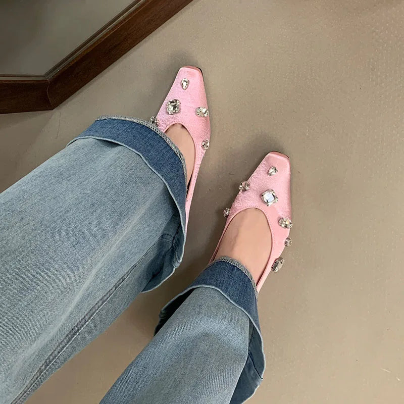 Pink Rhinestones Silk Flats With Shoes Soft Shallow Footwear Crystal Slip On Flats Shoes