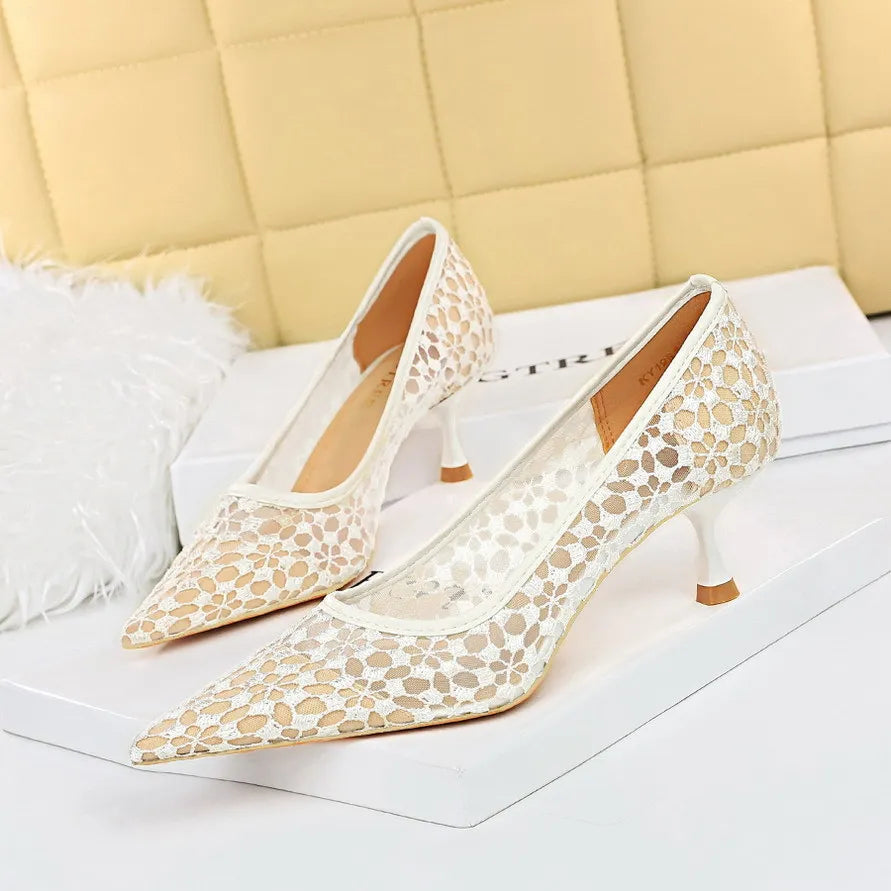 Shoes Banquet Shoes Fine Heel High Heel Pointed -headed Mesh Hollow Lace Shoes