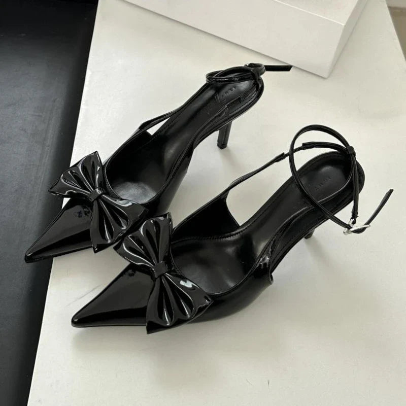 Bowknot Pointed Toe Ankle Strap High Heeled Shoes Brand Thin High Heel Backless Sweet Pumps