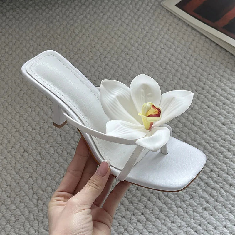 Flower Thin Heels Pumps Slides Shoes Flip flops Square Toe Heeled Sandals Shoes Big Size 43