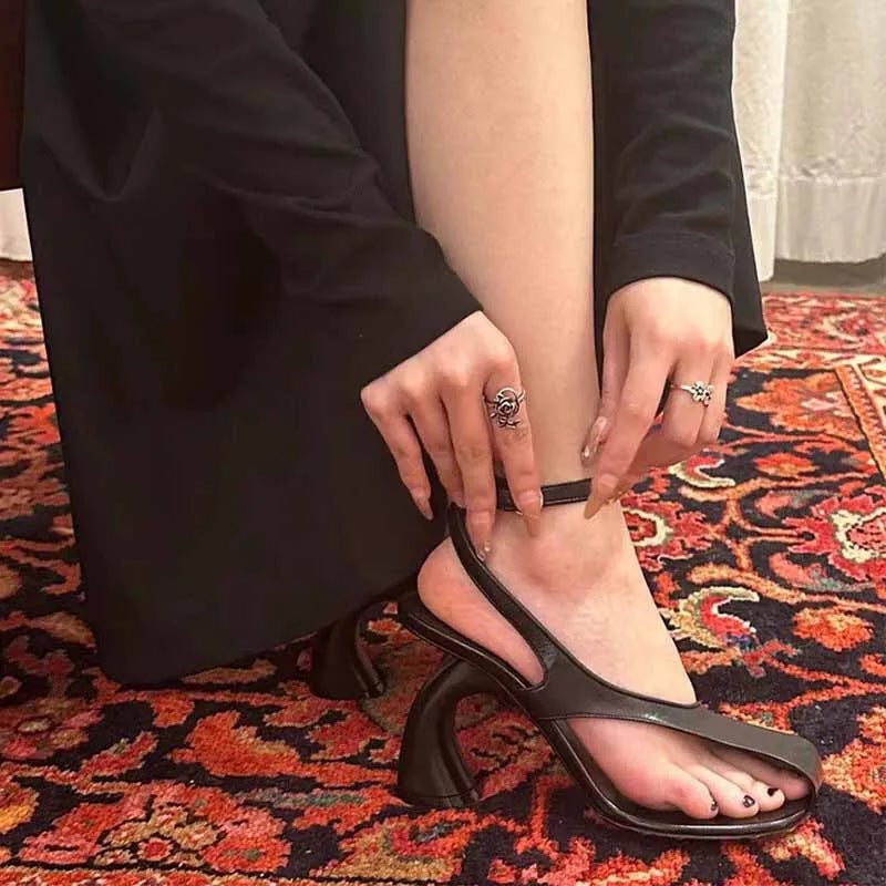Leather Sandals Square Toe Ankle Strap Chunky Heel Elegant Party Evening