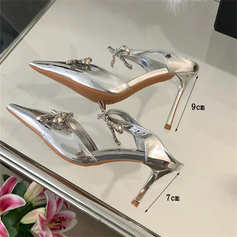 Crystal Butterfly-knot Pointed Toe Buckle Strap High Heels Party Prom Sandals Mule Shoes