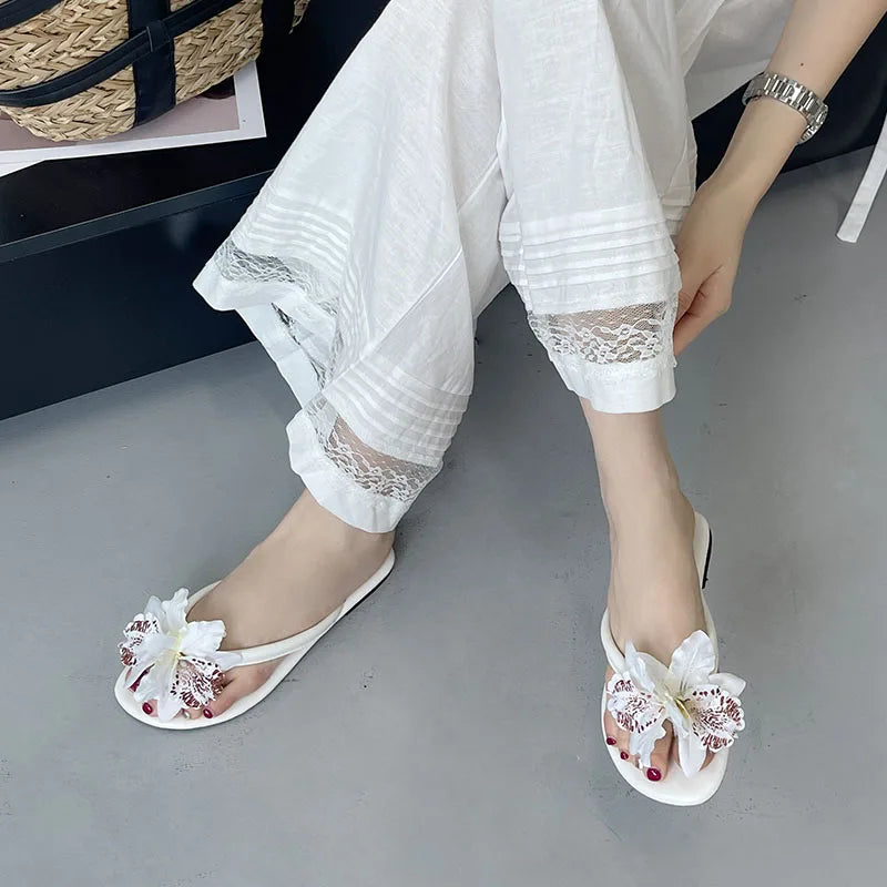 Pink Flower Flats Slippers Beach Round Toe Flip flops Flats Slippers Slides Sandals Shoes