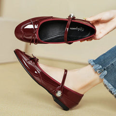Hook&Loop Flats Mary Janes Round Toe Bowtie Ballets Shoes Red Japanned Leather Loafers Daily Office Mocassines