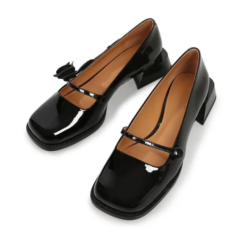 rose flower patent leather shoes woman brand sqaure toe pumps thick heel button strap mary janes talons hauts