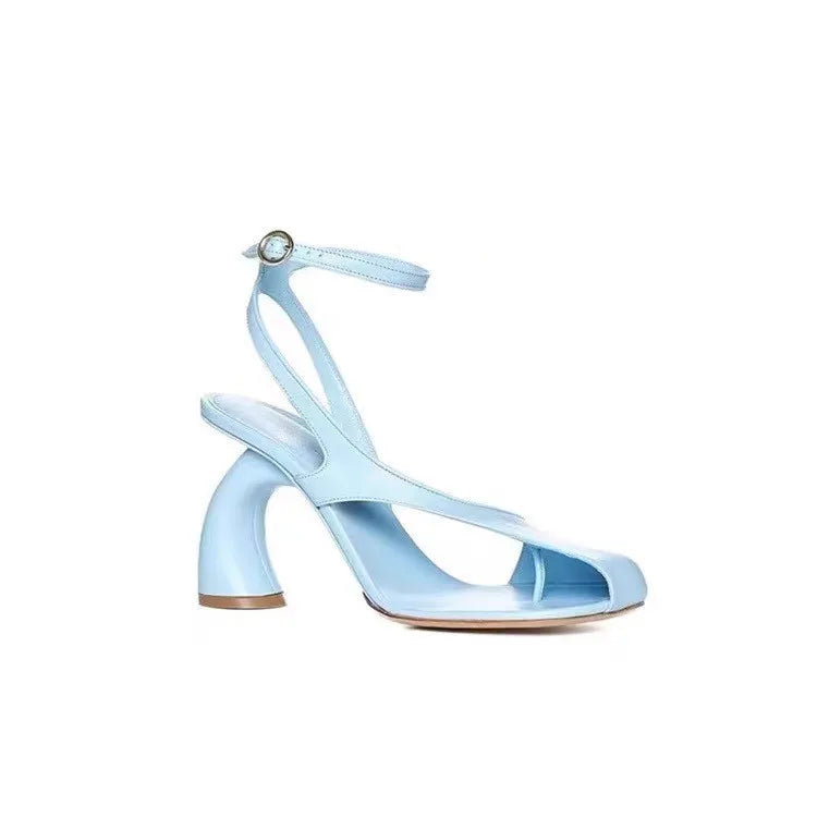 Leather Sandals Square Toe Ankle Strap Chunky Heel Elegant Party Evening