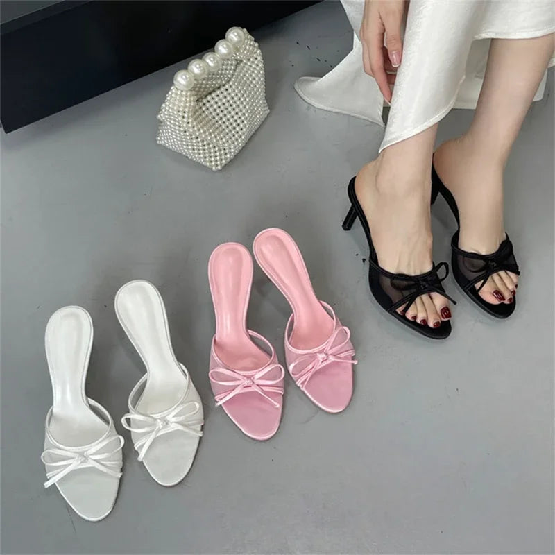 Butterfly-knot Breathable Holes Mesh Open Toe Woman Slippers Thin High Heels Party