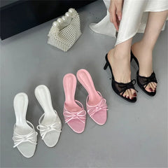 Butterfly-knot Breathable Holes Mesh Open Toe Woman Slippers Thin High Heels Party