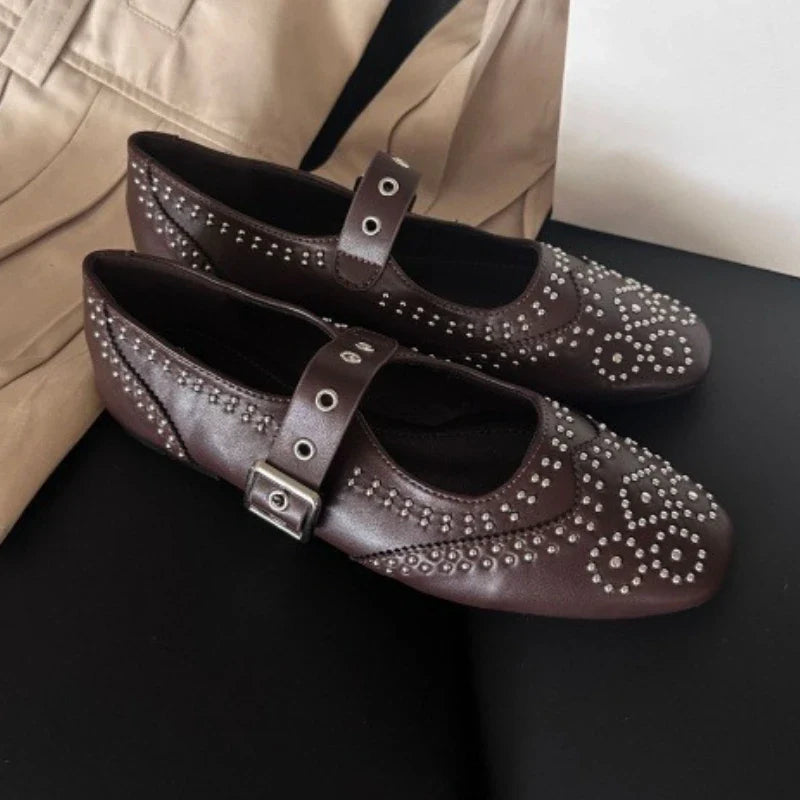 Retro Rivet Mary Jane Shoes Belt Buckle Round Toe Ballet Flats Comfortable Soft Sole Flat Shoes Zapatos De Mujer