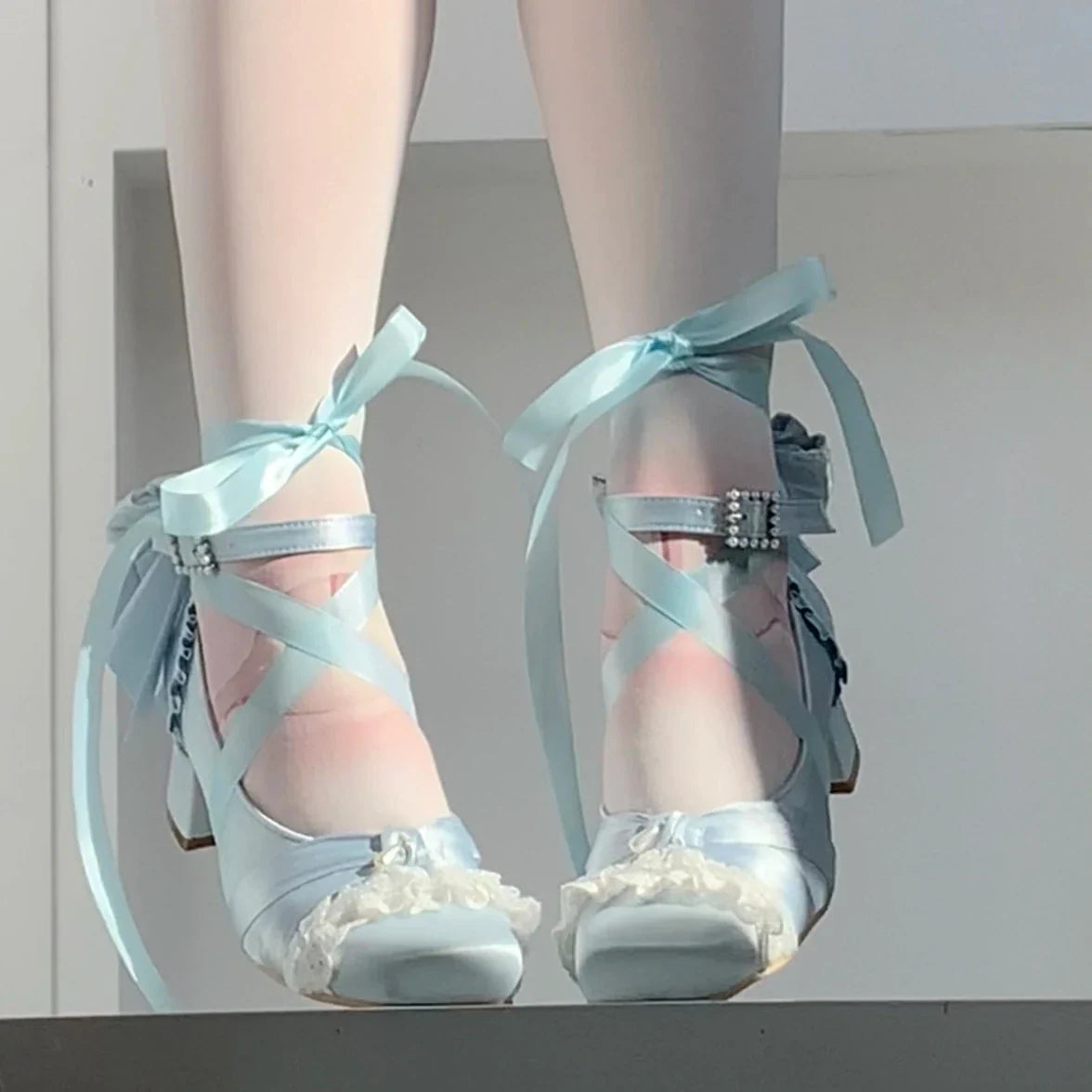 Pink Lolita Shoes Ballet Thick Heel High Heels Mary Jane Shoes Satin Elegant Platform Waterproof Pumps Original