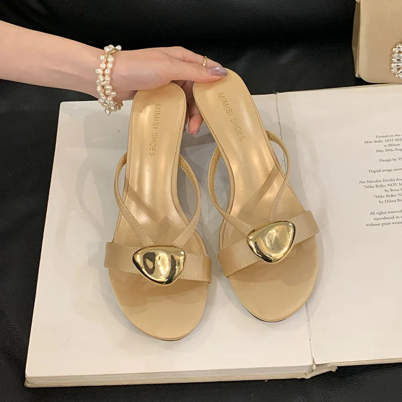 Metal High Heels Pumps Slides Shoes In Slip Round Toe Thin Heels Shoes