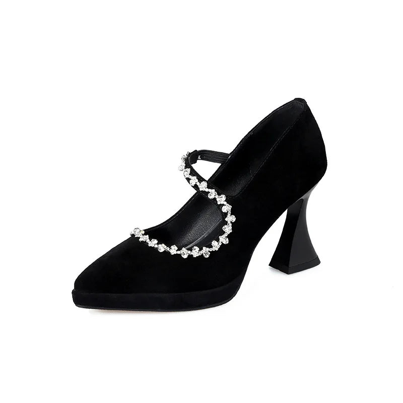 Pointed Toe Shallow Mouth Pumps Shoes Thick Heel Black Simple Work Shoes