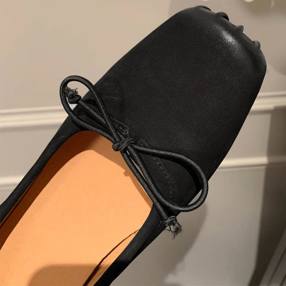 genuine leather 4.5cm thick med heel pleated square toe slip-on pumps sweet bowtie korean style heeled shoes sale