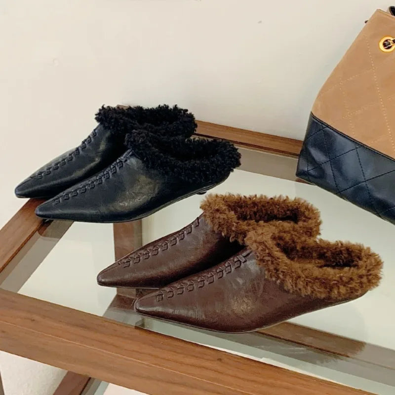Warm Fluffy Slippers Woman Retro Sewing Pointed Toe Low Heel Mules Shoes Outdoors Casual Comfortable Fur Slippers