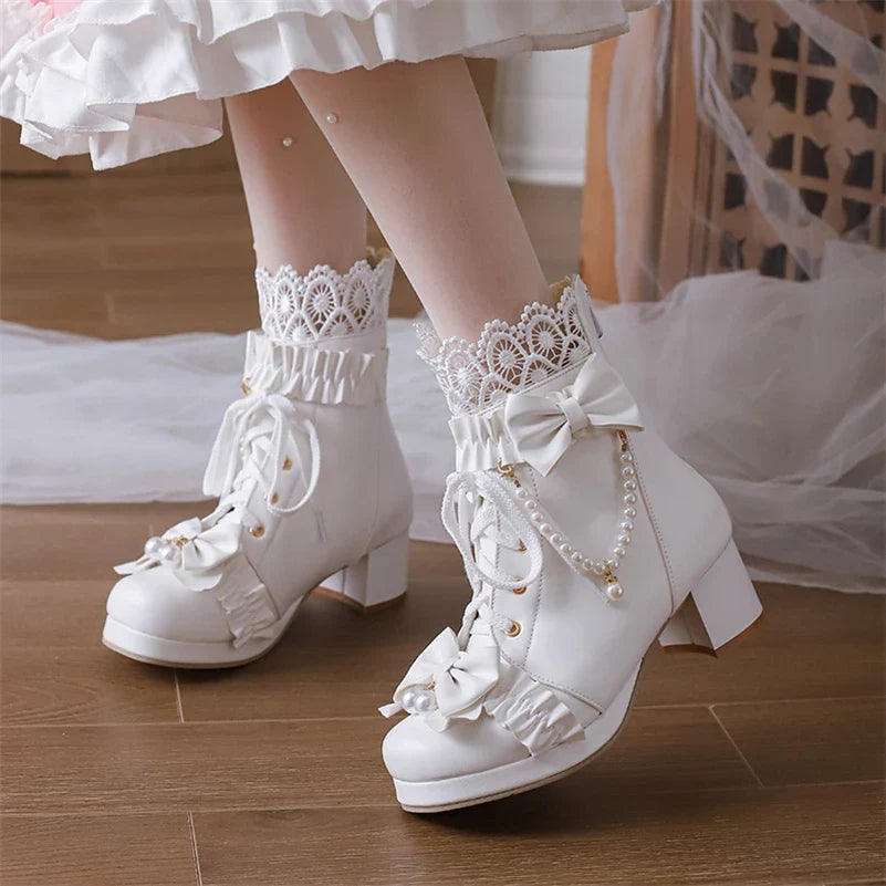 Lolita Ankle Short Boots Round Toe Kawaii Thick Mid Heels Zipper Bead Bow Lace-up Lady Cosplay Shoes