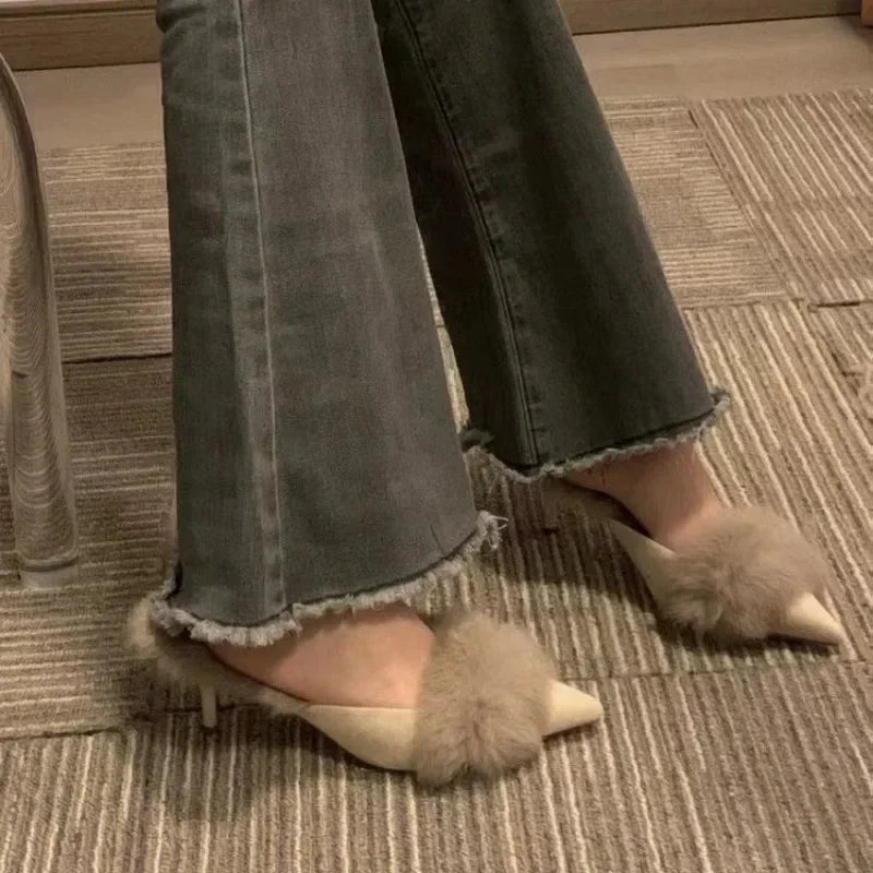 High Heel Shoes Fur Slippers Mules Pointed Toe Furry Slides Elegant Flip Flops Office Pumps
