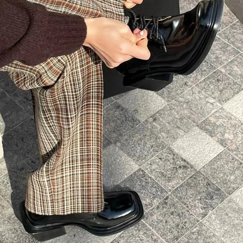 Square Toe Lace Up Japanese Style Thick Heel Heightening High Heels Personalized Patent Leather Solid Color Shoes