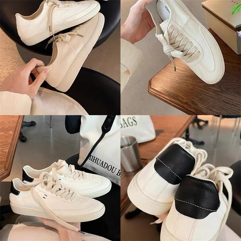 Versatile Breathable Classic Solid Color Round Toe Soft Leather White Flat Sneakers