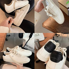 Versatile Breathable Classic Solid Color Round Toe Soft Leather White Flat Sneakers