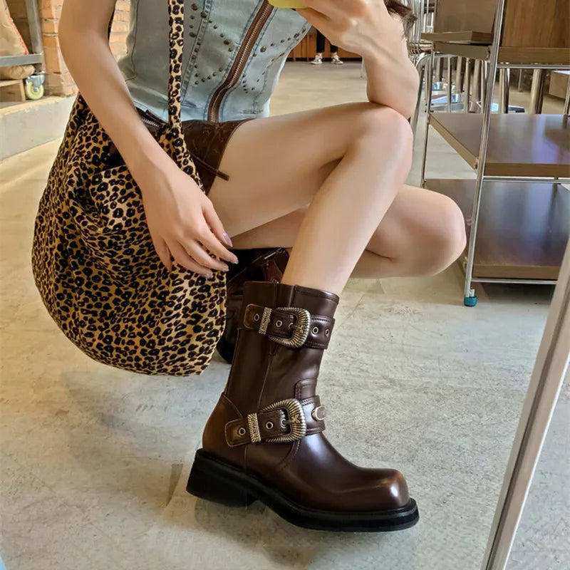 Metal Belt Buckle Motorcycle Boots Rivet Patent Leather Platform Wedge High heels Chunky Boots Shoes