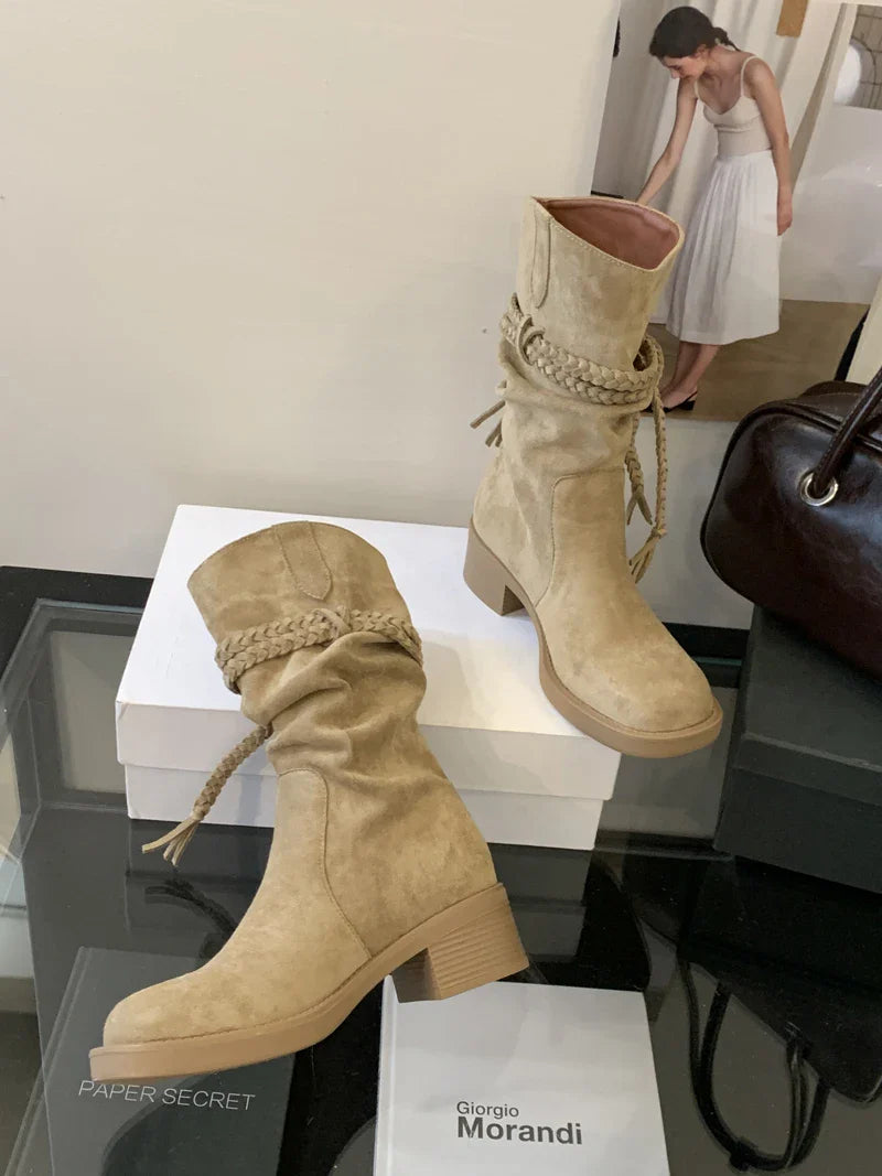 Brown Suede Boots Woman Round Toe Chunky Heels Boots Fall Black Rocks Shoes Botas Western Cowboy Feminina
