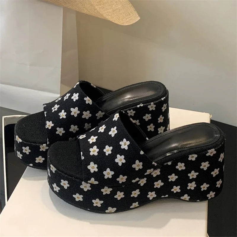 Flower Platform Wedges Woman Slippers Open Toe Chunky High Heels Slides Shoes
