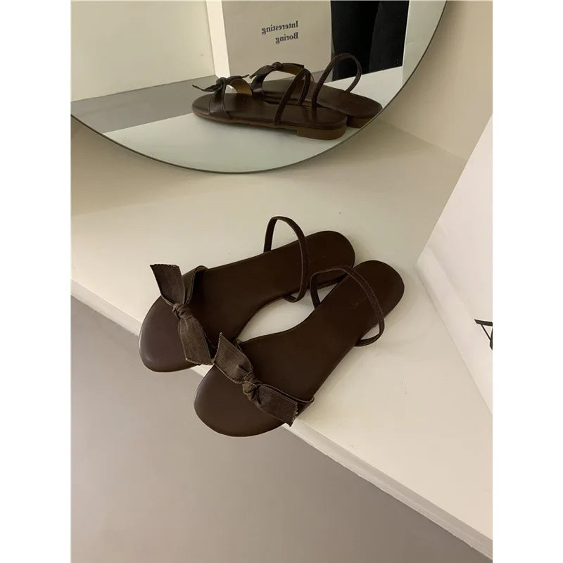 Flat Shoes Low Woman's Slippers Slides Butterfly-Knot Rome Butterfly-knot Rubber Retro Scandals PU H