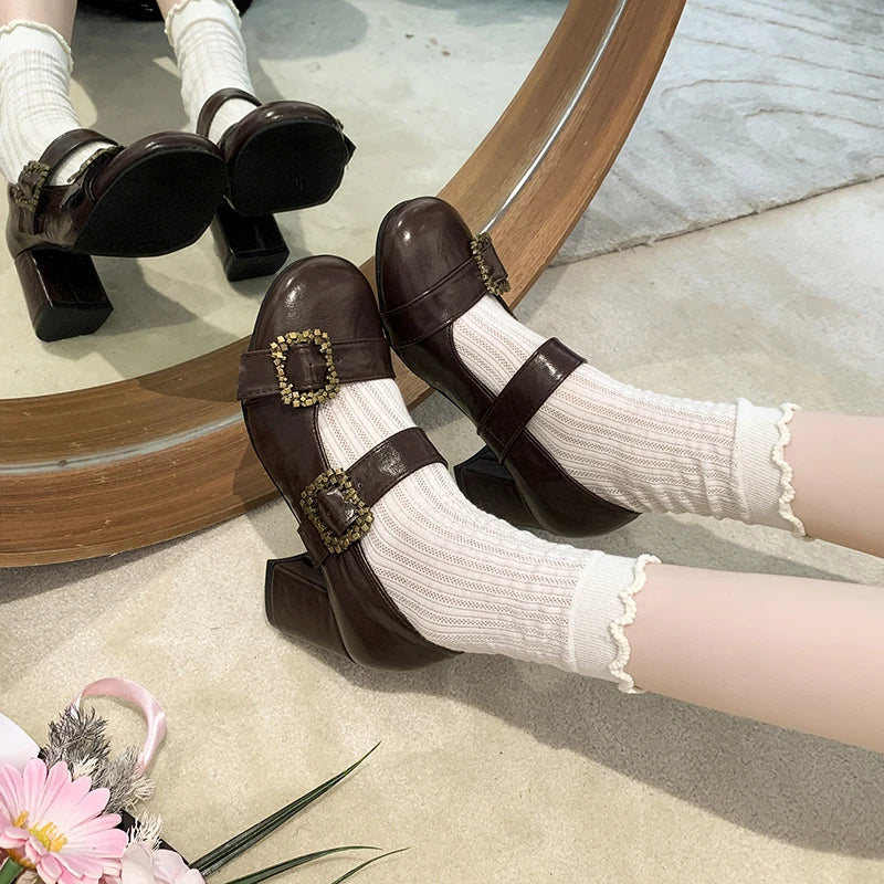 Thick Heel Mary Jane Shoes Metal Buckle Strap Shoes Vintage Dress Leather Pumps