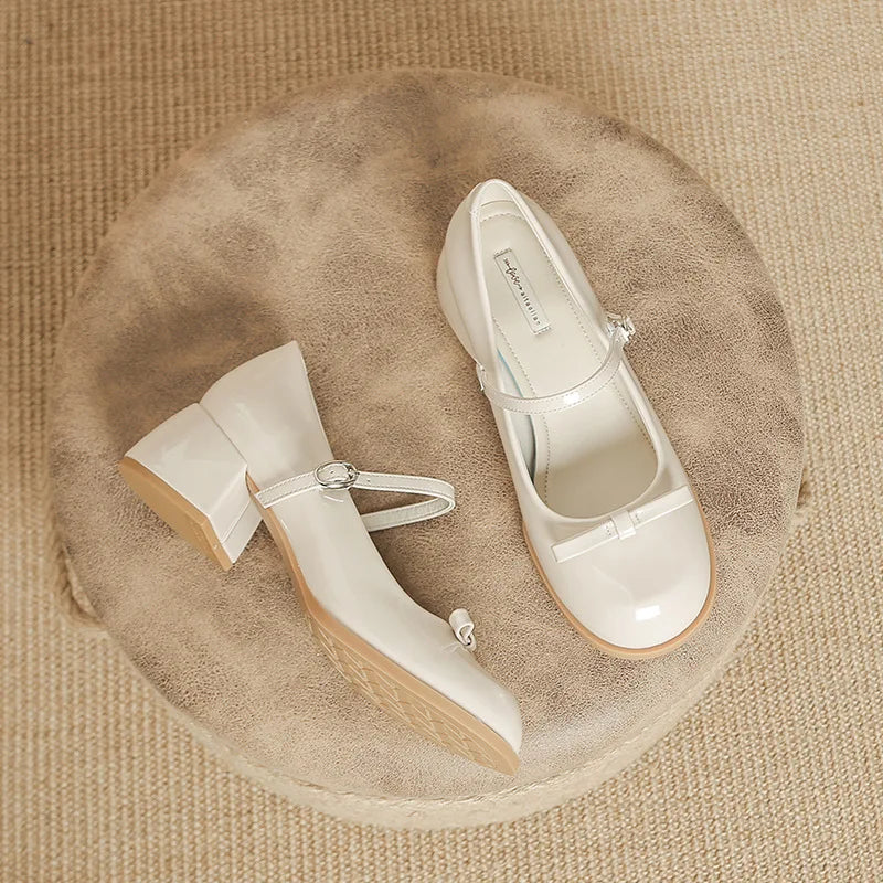 Patented Leather Mary Jane Shoes Retro Thick Heel Round Toe Shoes One Line Buckle Lace Up Single Shoe