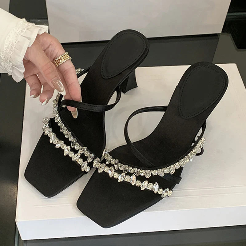 Street Style Crystal Rhinestone Silk Sandals Open Toe Thin High Heels Stripper Party Slides Shoes