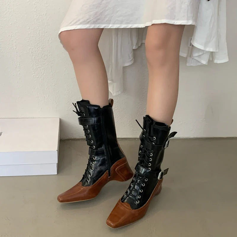 Yellow Cowboy Boots Lace Up Belt Buckle Block Heels Mid-calf Western Boots Vintage Shoes Black Botas Mujer