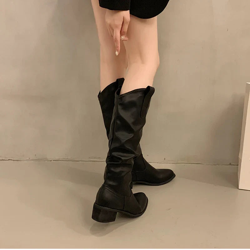 Vintage Woman Knight Knee High Boots Shoes Concise Slip On Western Cowboy Botas