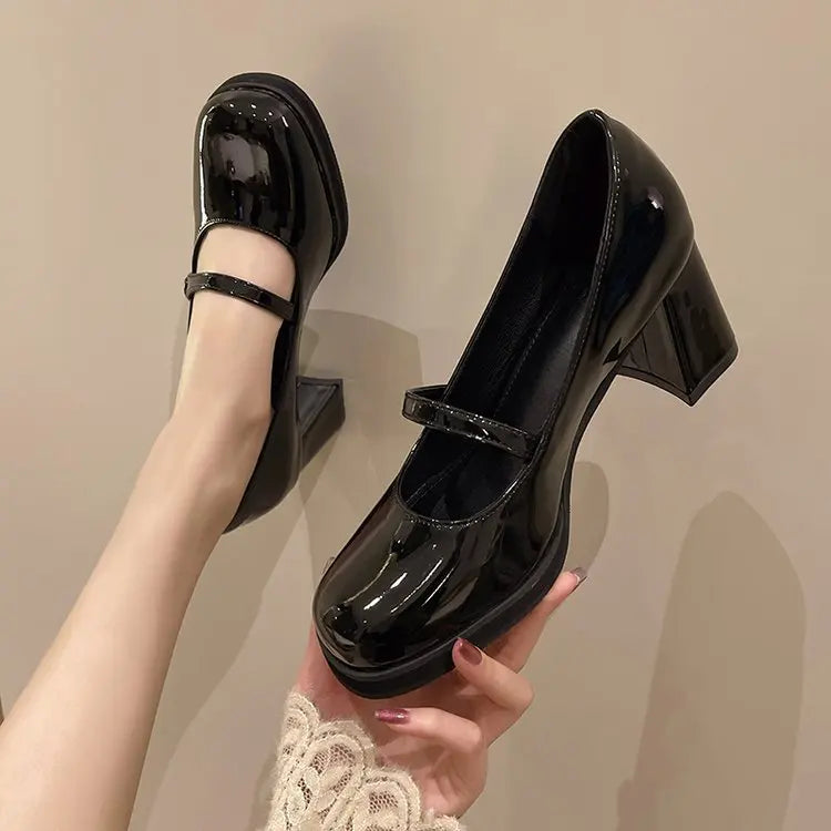 French Retro Leather Chunky Mary Jane Shoes Soft Soled Slip-on High Heels JK