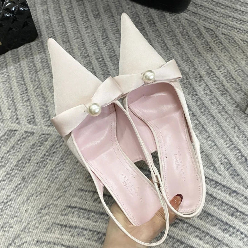 High Quality Satin Bow Pumps Pointed Toe Thin Heeled Backless Brand Shallow Mouth Sandal