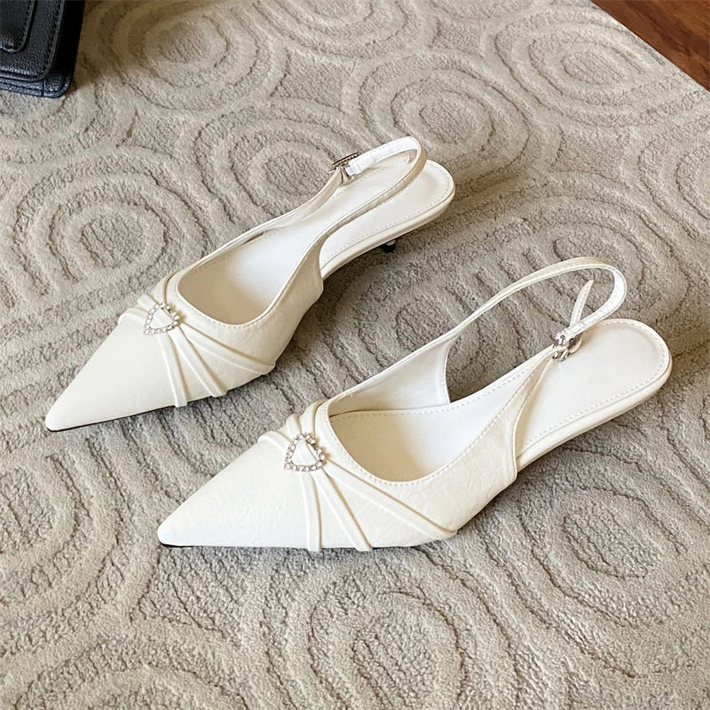 Pointed Toe Slingbacks Elegant Buckle Strap Thin Low Heels Party Prom
