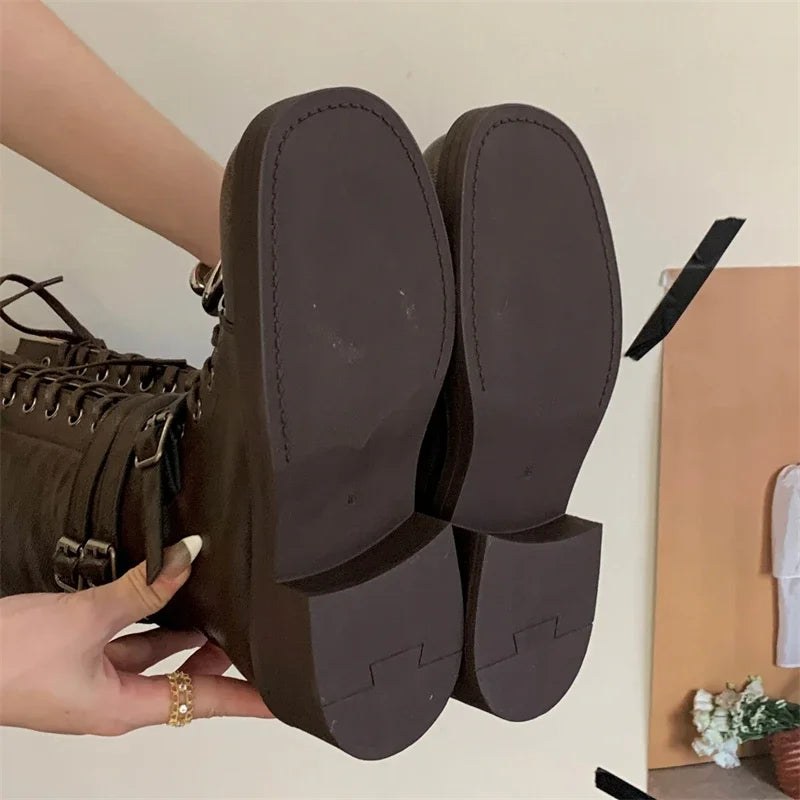 Punk Style Cross-Strap Low Heels Knee-High Boots Belt Buckle Round Toe Zipper Shoes