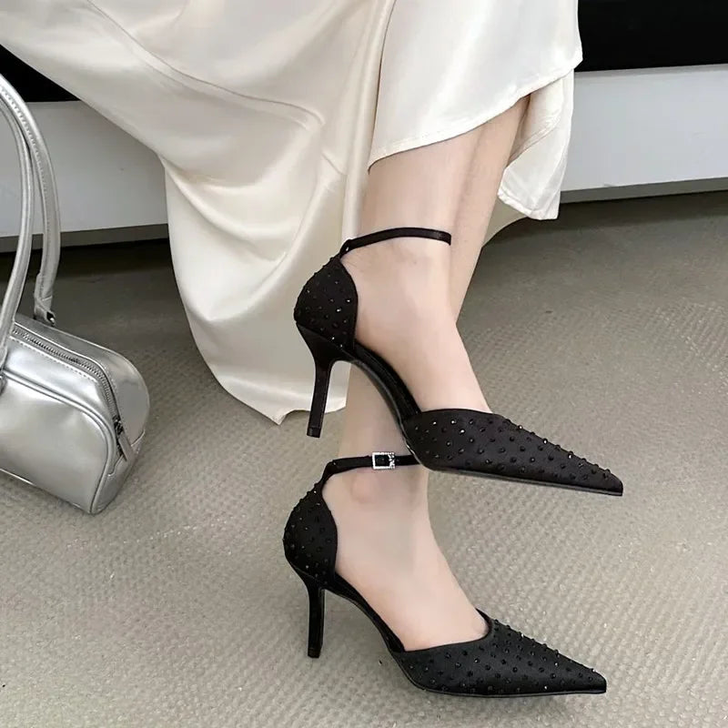 Rhinestone Pointed Toe Thin High Heels Elegant Ankle Strap Buckle Heeled Sandals Banquet