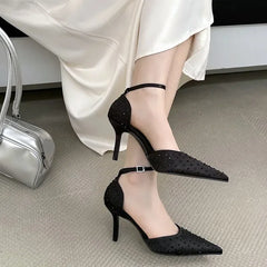 Rhinestone Pointed Toe Thin High Heels Elegant Ankle Strap Buckle Heeled Sandals Banquet