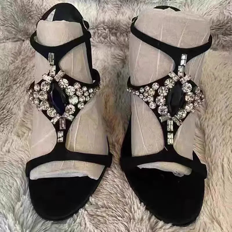 round toe open-toe metal rhinestone T-band sandals stiletto high-heeled banquet dress versatile crystal shoes