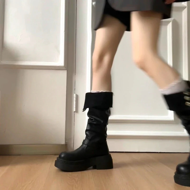 Platform Thick Bottom Woman Knee High Boots Shoes Elegant Belt Buckle Knight Booties