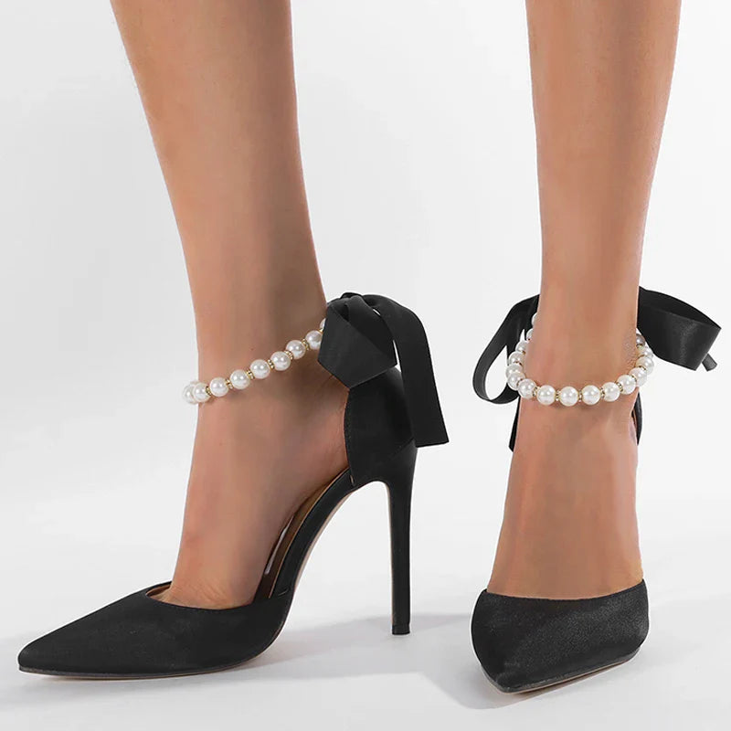 String Bead Buckle Strap Sandals Street Style Pointed Toe Thin High Heels Party