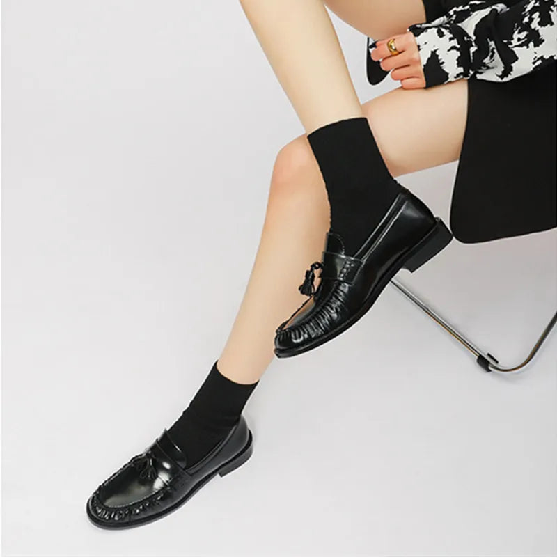 Black Patent Leather Chunky Heel Loafers Pleated Fringe Sewing Shoes Comfortable Soft Leather Zapatos De Mujer
