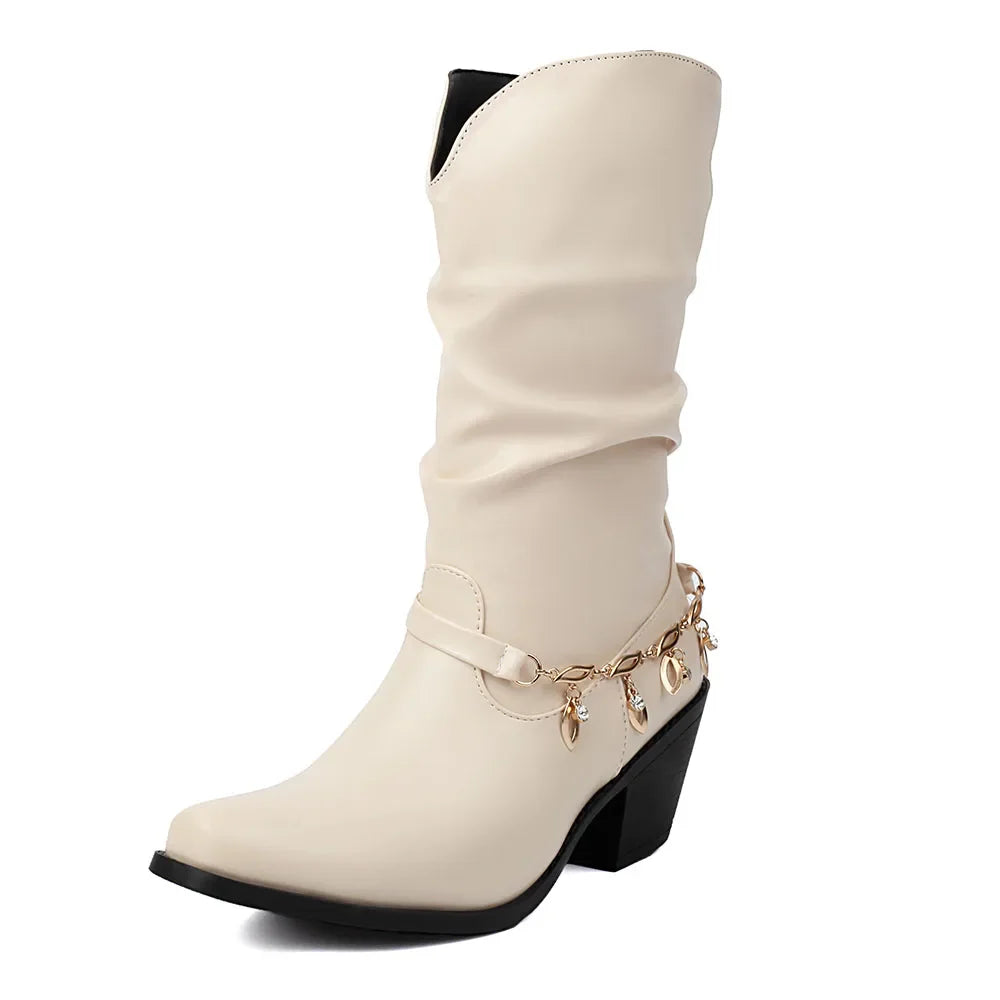 Big Size 43 Square Toe Square Toe Mid Calf Boots Metal Chain Autumn/Party Shoes Woman