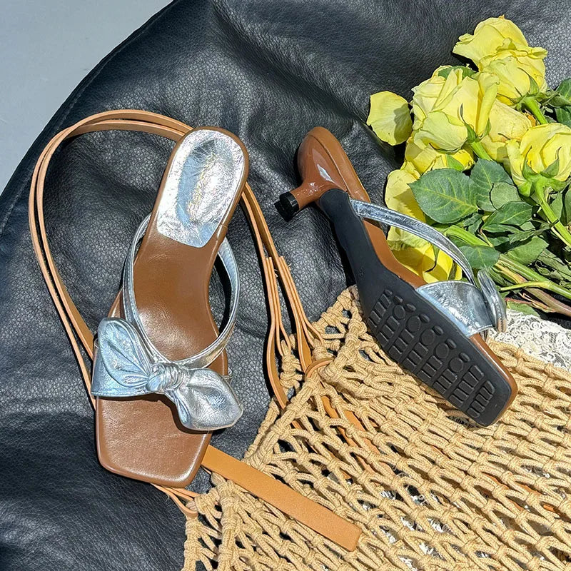 Low Heel Slides Slippers Shoes Butterfly-Knot Heeled Sandals
