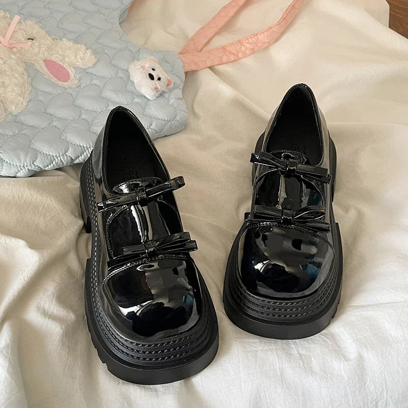 Womens Loafers Shoes Slip-on Bow-Knot Clogs Platform Black Flats Oxfords Slip On On Heels Butterfly Creepers Leather
