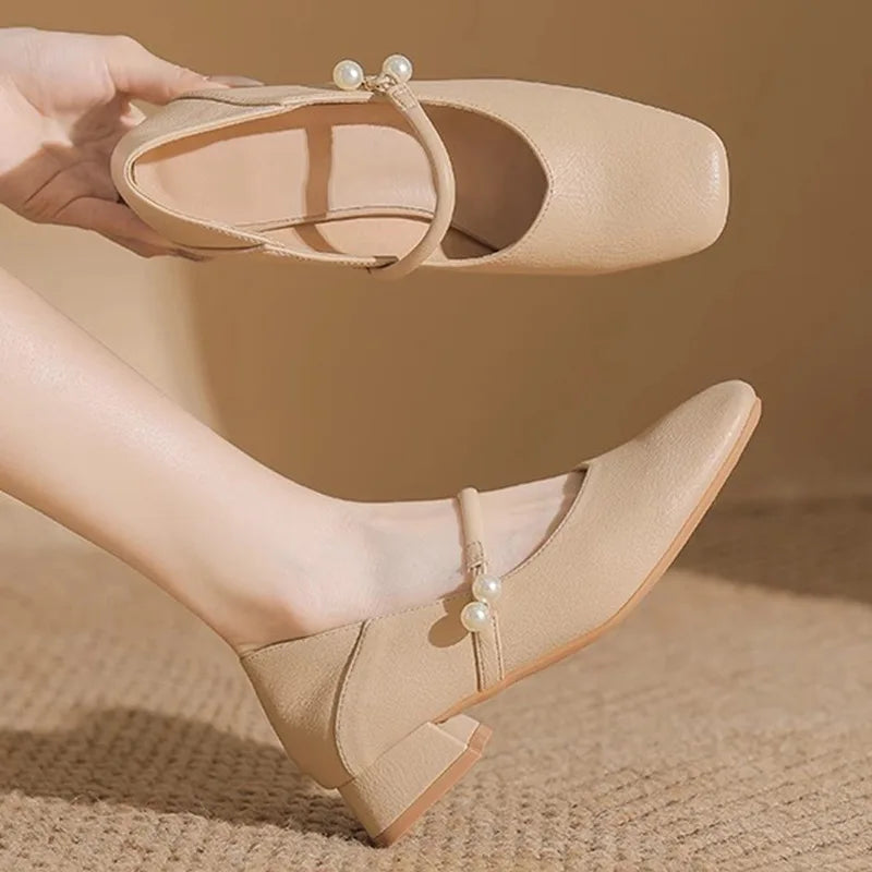 elegant pearl buckle low heel shoes woman two wears slip on moccasins chunky heel soft leather pumps big size 43