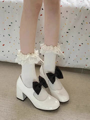 Sweet Round Toe Mary Janes Bow Detail Block Middle Heels Classic Dress Party