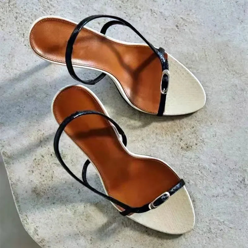 Buckle Open Toe Slip on Back Strap Sandals Black White High Heels Wedding Prom Shoes Zapatos Mujer