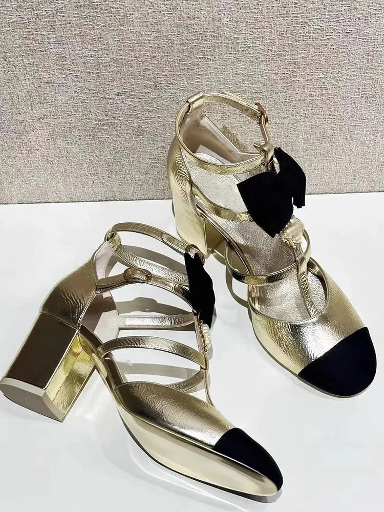 Block Heels Sandals Gold Metallic Effect Rhinestone Pearl Decor T-Tied Bow Sweet Patchwork Design Shoes Hollow